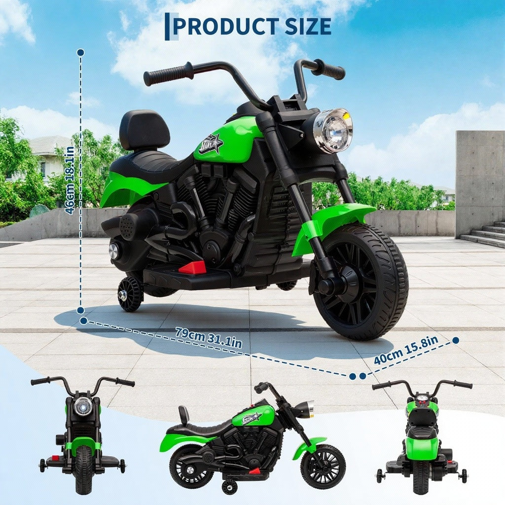 Garvee Motocicleta Eléctrica 6V, Suspensión, Música, Luces, 2 Ruedas Apoyo, Plástico Resistente, 1-3 años, Interior y Exterior, Verde