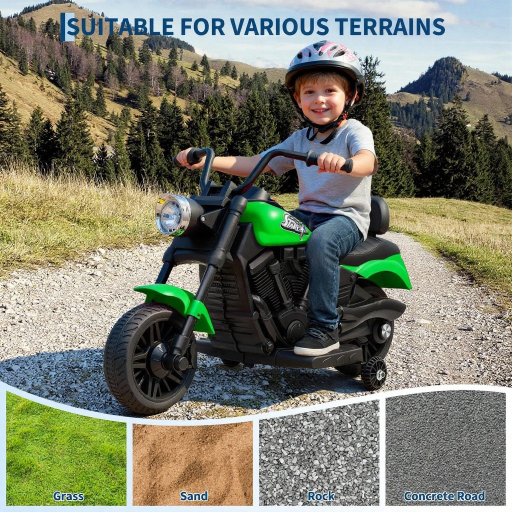 Garvee Motocicleta Eléctrica 6V, Suspensión, Música, Luces, 2 Ruedas Apoyo, Plástico Resistente, 1-3 años, Interior y Exterior, Verde