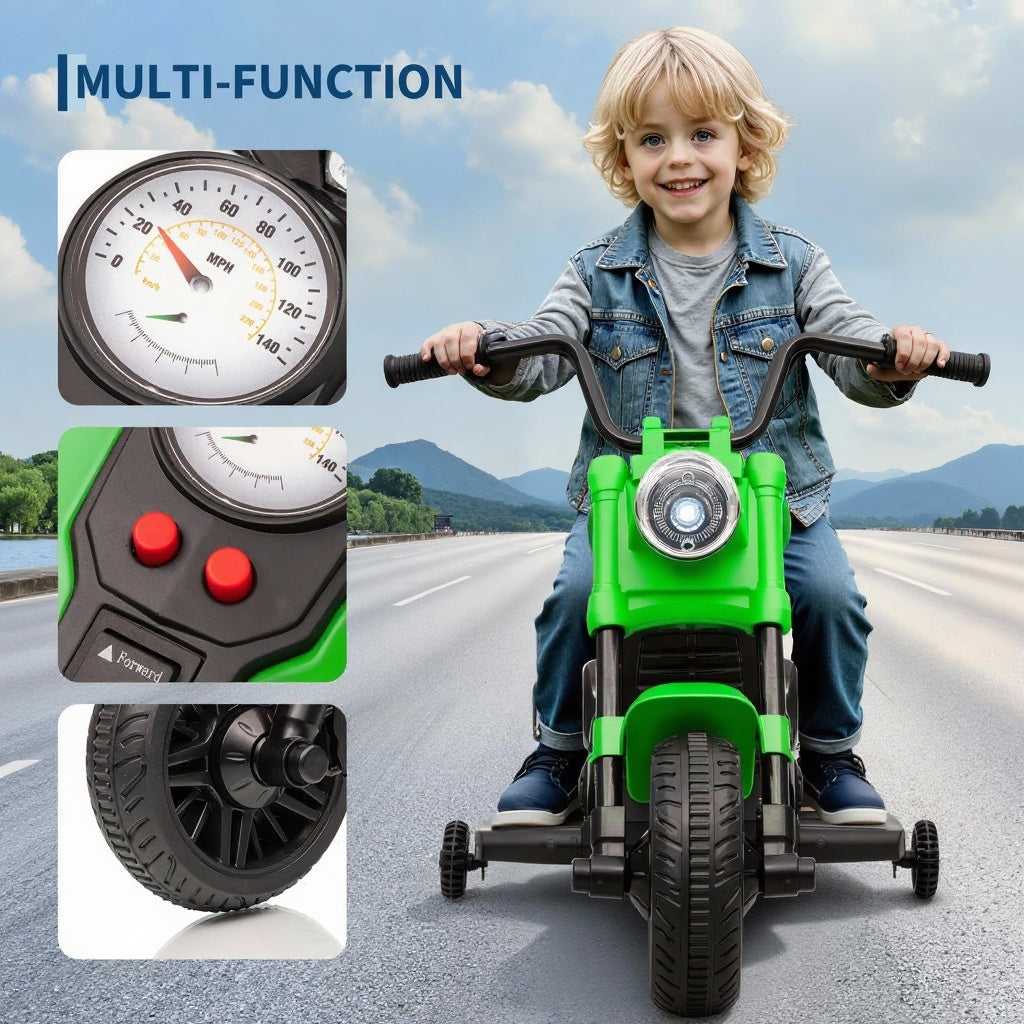 Garvee Motocicleta Eléctrica 6V, Suspensión, Música, Luces, 2 Ruedas Apoyo, Plástico Resistente, 1-3 años, Interior y Exterior, Verde