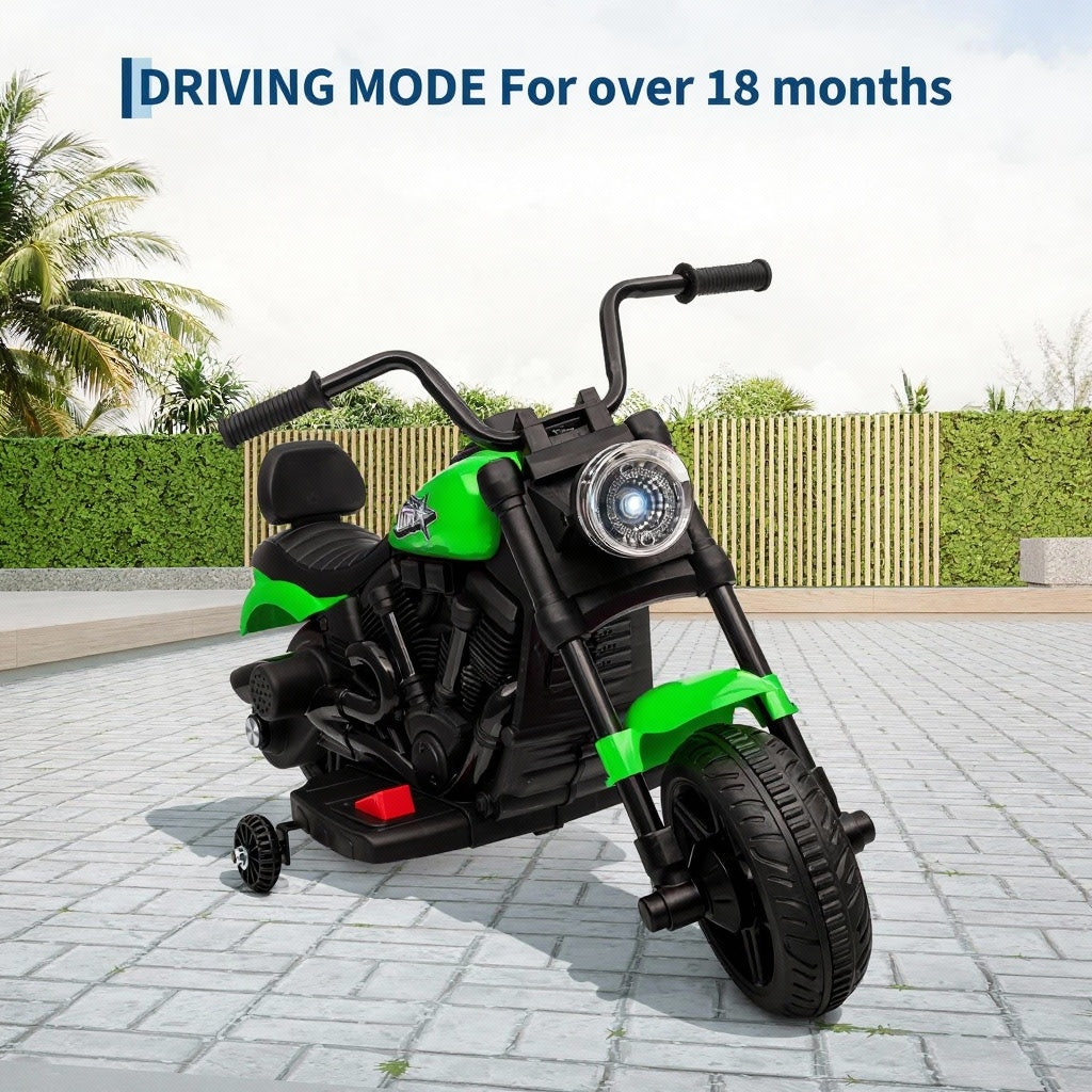 Garvee Motocicleta Eléctrica 6V, Suspensión, Música, Luces, 2 Ruedas Apoyo, Plástico Resistente, 1-3 años, Interior y Exterior, Verde