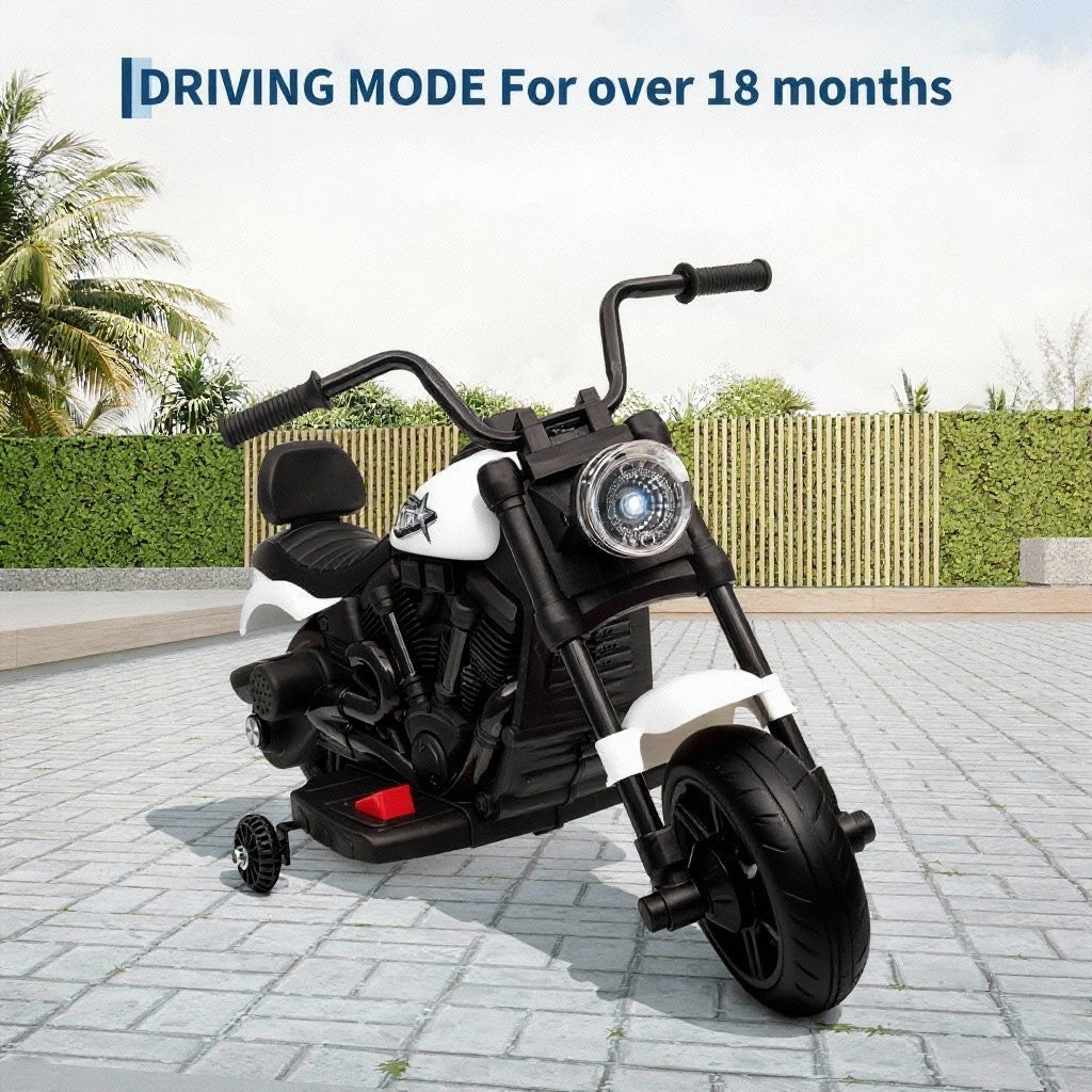 Garvee Motocicleta Eléctrica 6V, Arranque Suave, Suspensión, 2 Ruedas Apoyo, Música y Luz, 1-3 años, Interior y Exterior, Blanco