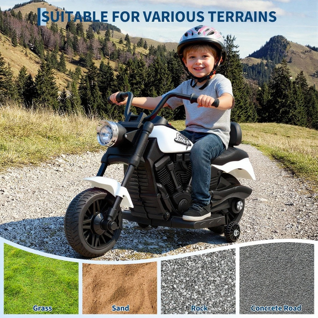 Garvee Motocicleta Eléctrica 6V, Arranque Suave, Suspensión, 2 Ruedas Apoyo, Música y Luz, 1-3 años, Interior y Exterior, Blanco