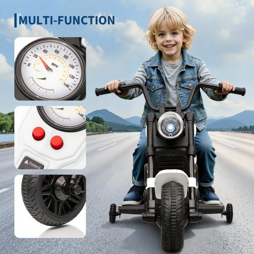 Garvee Motocicleta Eléctrica 6V, Arranque Suave, Suspensión, 2 Ruedas Apoyo, Música y Luz, 1-3 años, Interior y Exterior, Blanco