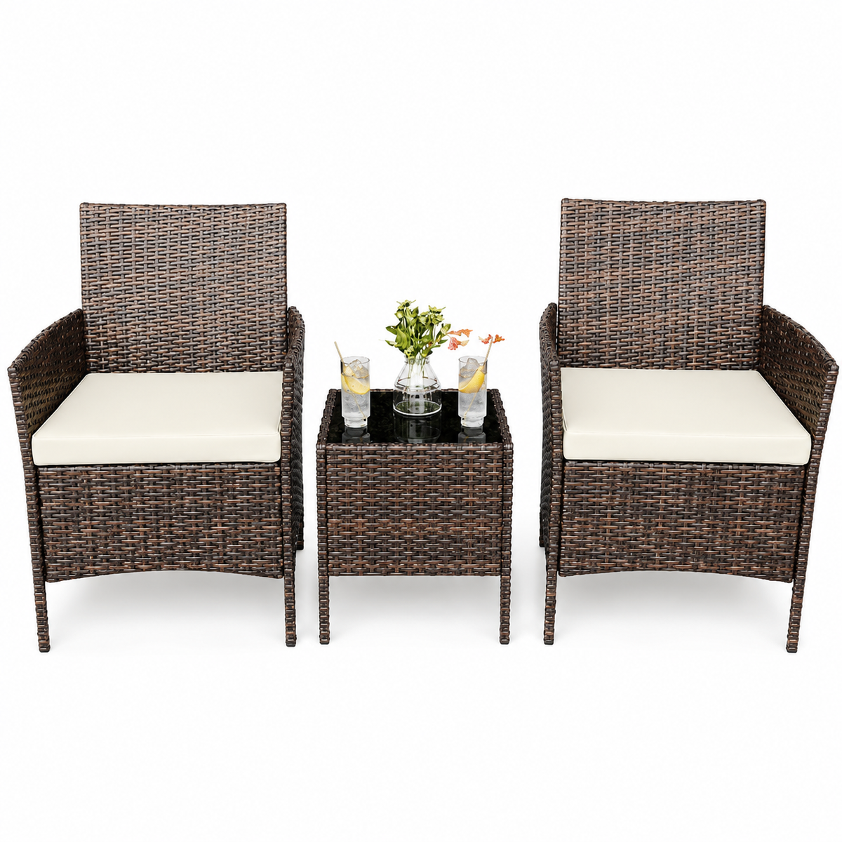 Garvee Conjunto de Muebles de Patio 3 Piezas, Sillas de Ratán PE con Cojines Beige y Mesa de Vidrio, Acero Anticorrosivo, para Jardín y Terraza