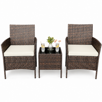 Garvee Conjunto de Muebles de Patio 3 Piezas, Sillas de Ratán PE con Cojines Beige y Mesa de Vidrio, Acero Anticorrosivo, para Jardín y Terraza