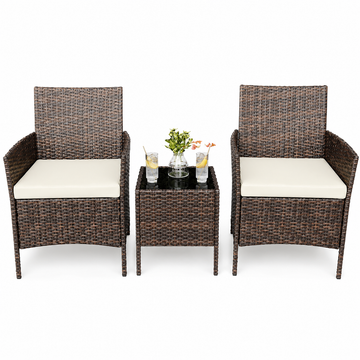 Garvee Conjunto de Muebles de Patio 3 Piezas, Sillas de Ratán PE con Cojines Beige y Mesa de Vidrio, Acero Anticorrosivo, para Jardín y Terraza