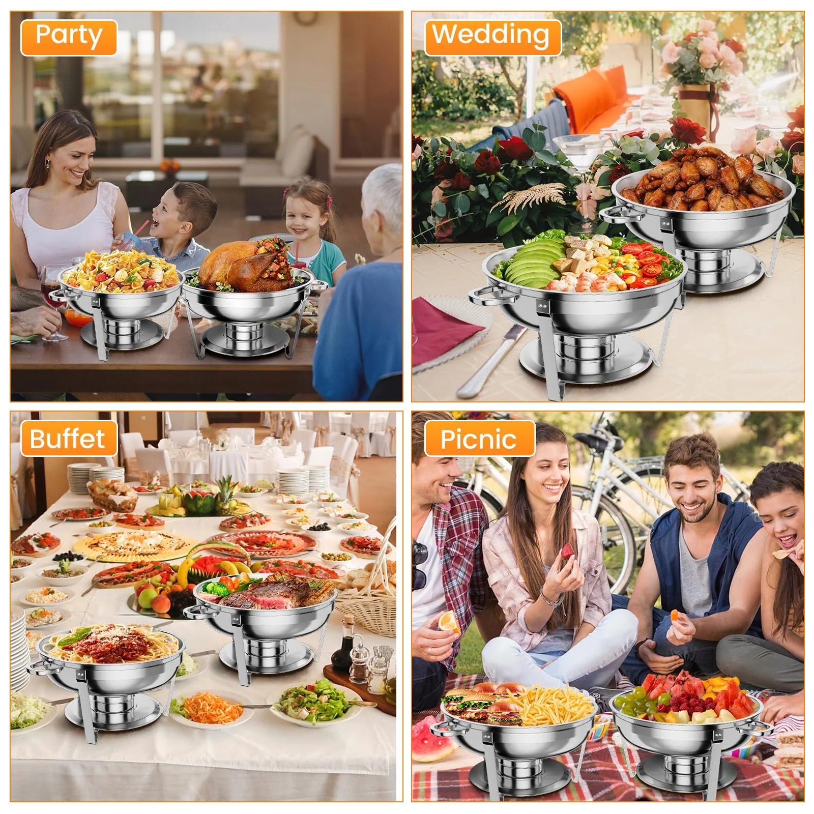 Garvee Juego De 2 Bandejas De Acero Inoxidable 4.7L Con Tapa Y Soporte Para Eventos Y Banquetes, Mantiene Temperatura, Fácil De Instalar