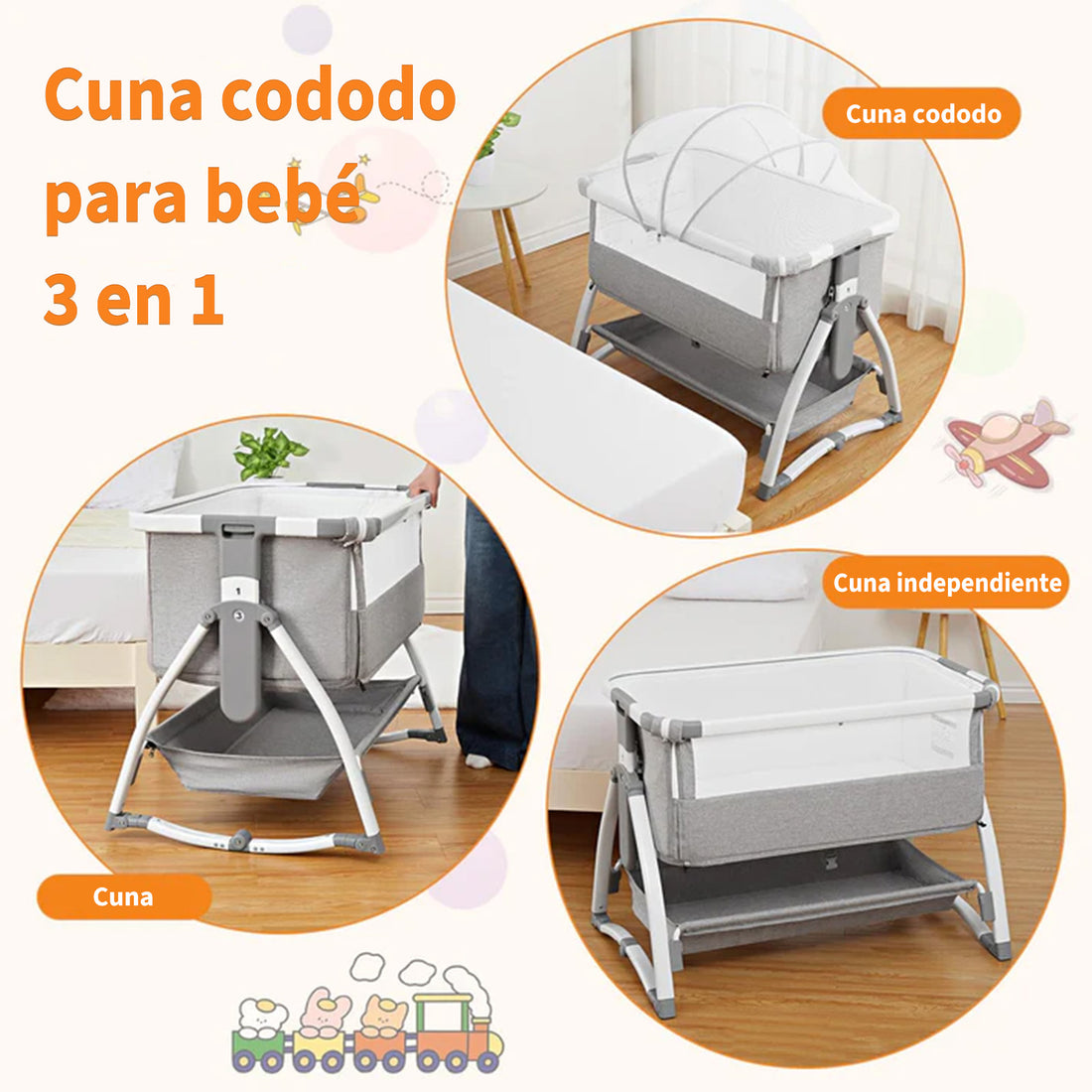 Garvee Cuna Colecho Bebé T-706 4en1 Altura Ajustable Ruedas Colchón Cómodo Plegable Gris EU