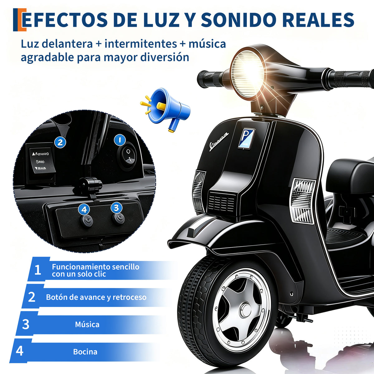 Garvee Moto Eléctrica Infantil Estilo Clásico Vespa 6V 4.5Ah con 3 Ruedas Seguras Faro LED y Música Scooter para Niños Negro