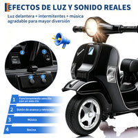 Garvee Moto Eléctrica Infantil Estilo Clásico Vespa 6V 4.5Ah con 3 Ruedas Seguras Faro LED y Música Scooter para Niños Negro