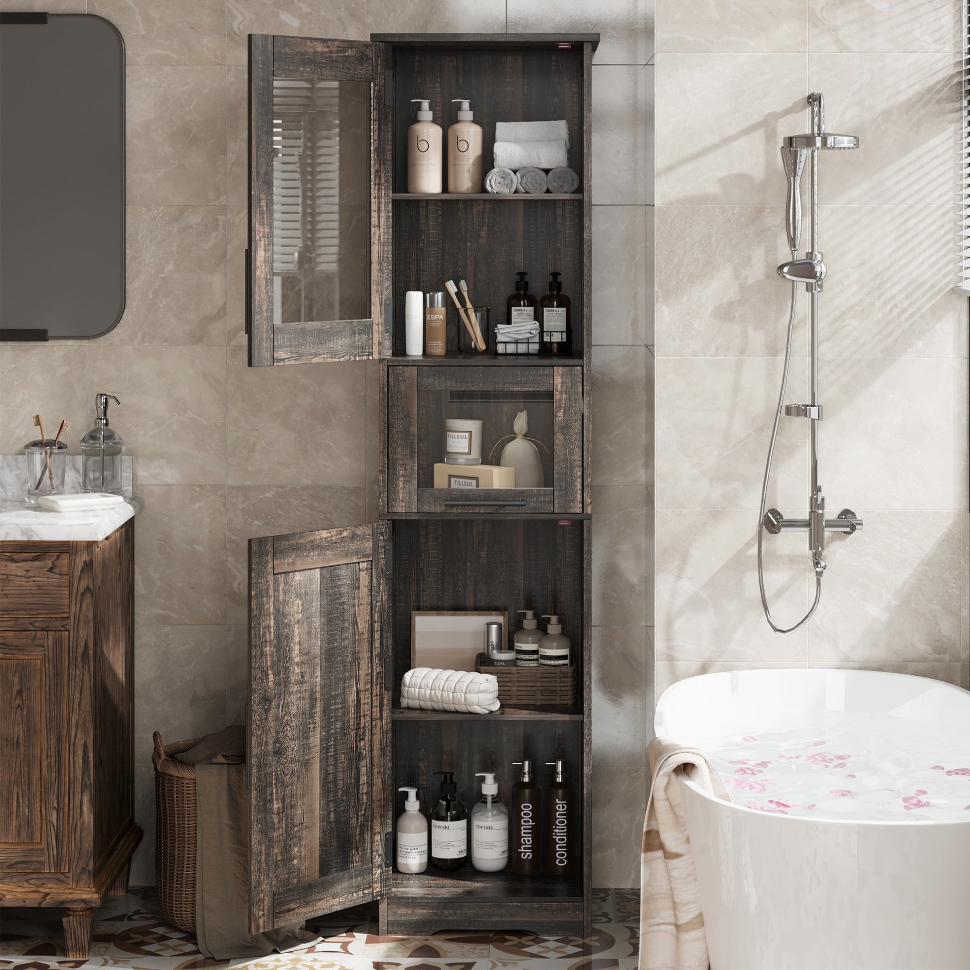 Garvee Armario Alto 170 cm Madera MDF Puerta Vidrio Templado Para Baño Cocina Diseño Compacto Blanco