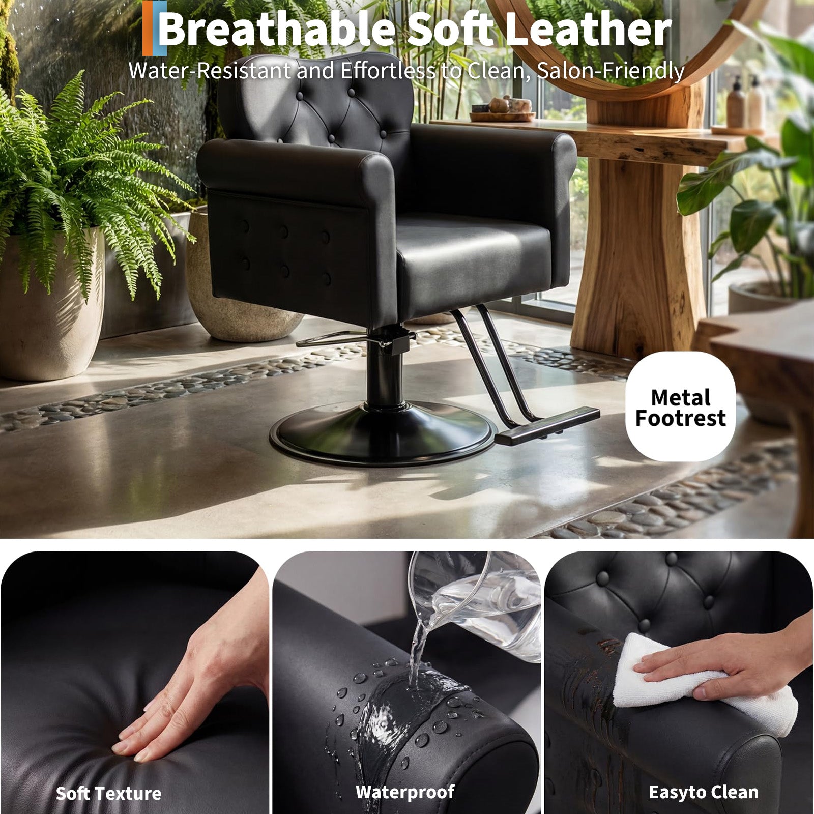 Garvee Silla De Peluquería Para Estilistas Cuero PU Elevación Hidráulica Giro 360° Base Metálica Redonda Resistente 150 Kg Salones Spas