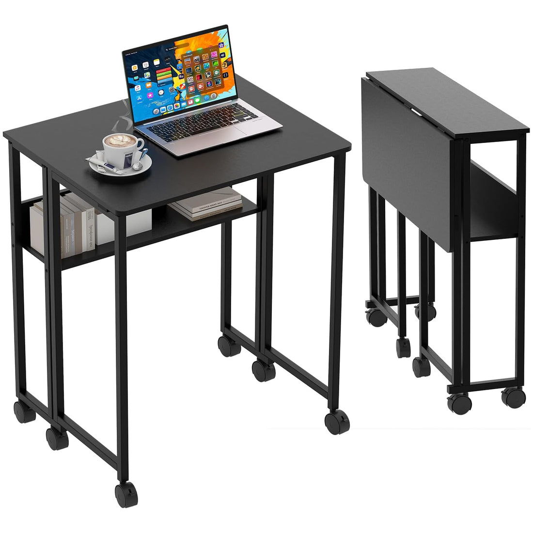 Garvee Escritorio Plegable con Ruedas y Estante de Almacenamiento de 63x50x75 cm, Mesa de Ordenador Compacta de Color Negro