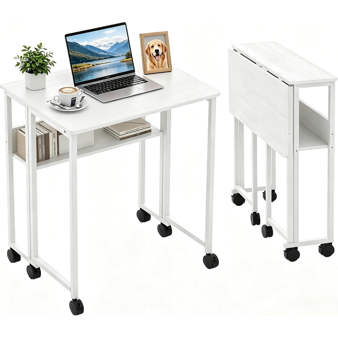 Garvee Escritorio Plegable con Ruedas y Estante de Almacenamiento de 63x50x75 cm, Mesa de Ordenador Compacta de Color Blanco