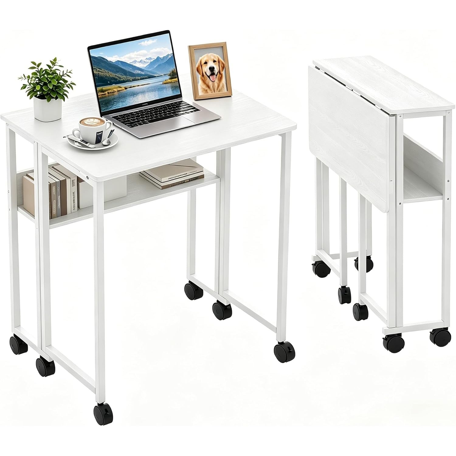 Garvee Escritorio Plegable con Ruedas y Estante de Almacenamiento de 63x50x75 cm, Mesa de Ordenador Compacta de Color Blanco