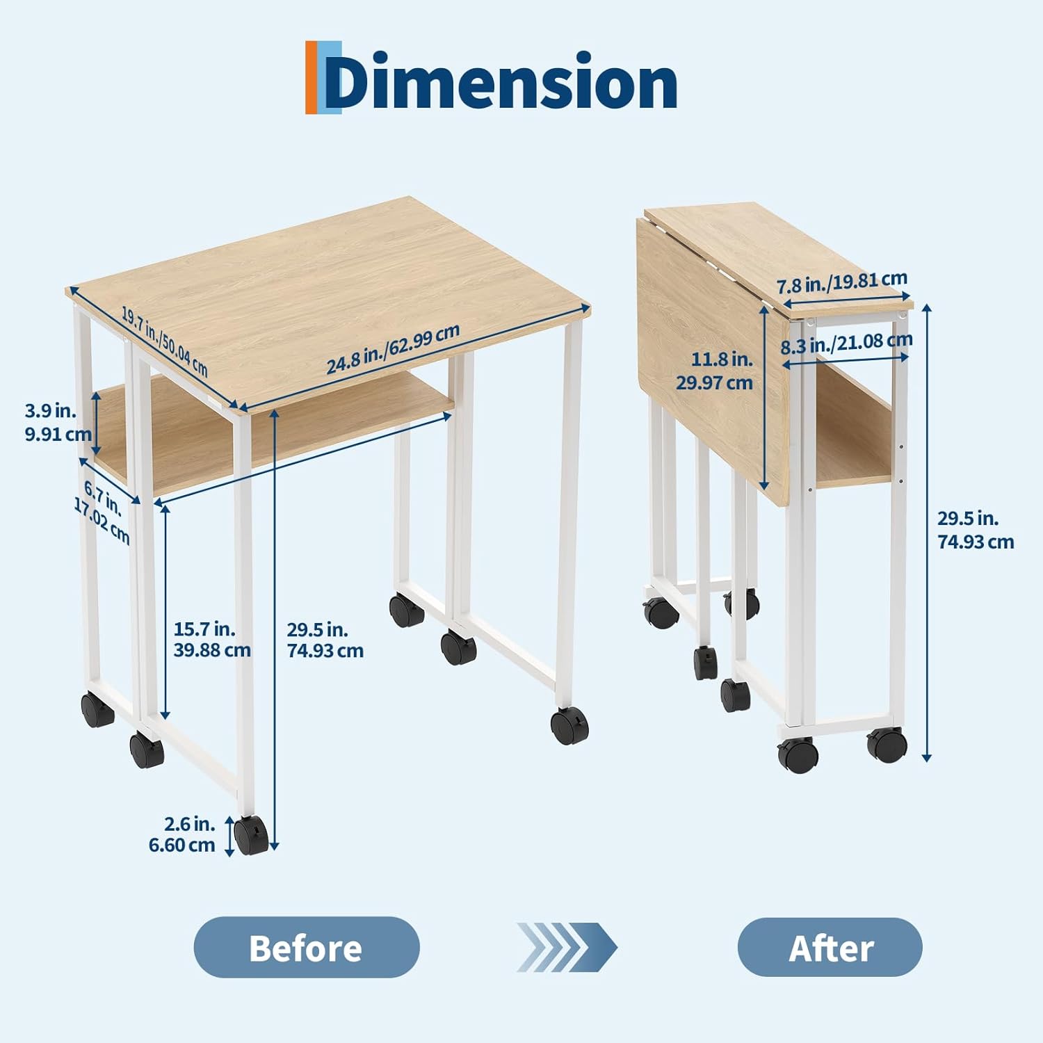 Garvee Escritorio Plegable con Ruedas y Estante de Almacenamiento de 63x50x75 cm, Mesa de Ordenador Compacta de Madera Natural y Acero