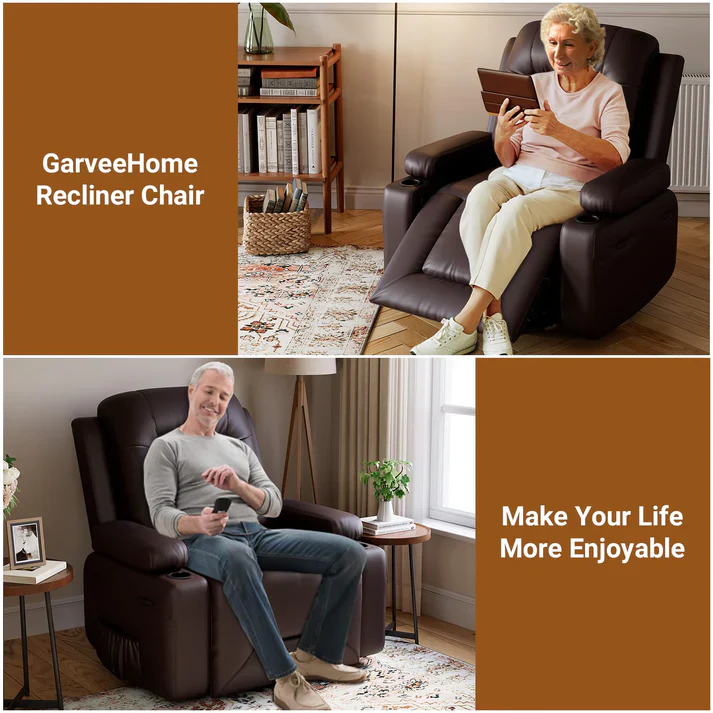 Garvee Sillón Reclinable Eléctrico con Elevación, Masaje 8 Puntos y Calor Lumbar, Cuero PU, 54-56cm Ancho de Asiento, Reclinación 135°, para Personas Mayores, Marrón