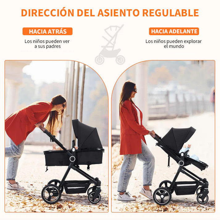 Carrito bebe ajustable ambos lados respaldo reclinable frente paisaje interacción padre hijo