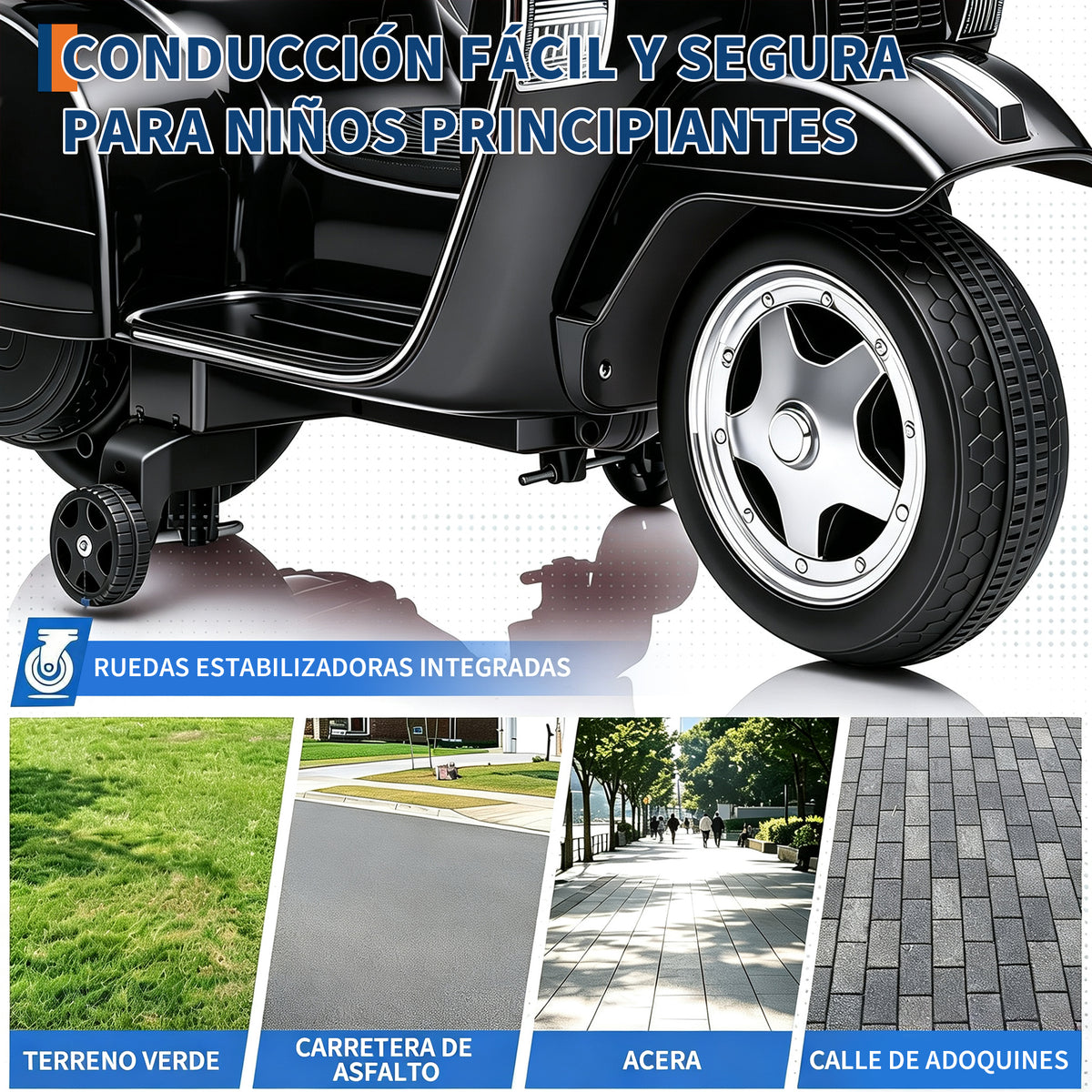 Garvee Moto Eléctrica Infantil Estilo Clásico Vespa 6V 4.5Ah con 3 Ruedas Seguras Faro LED y Música Scooter para Niños Negro