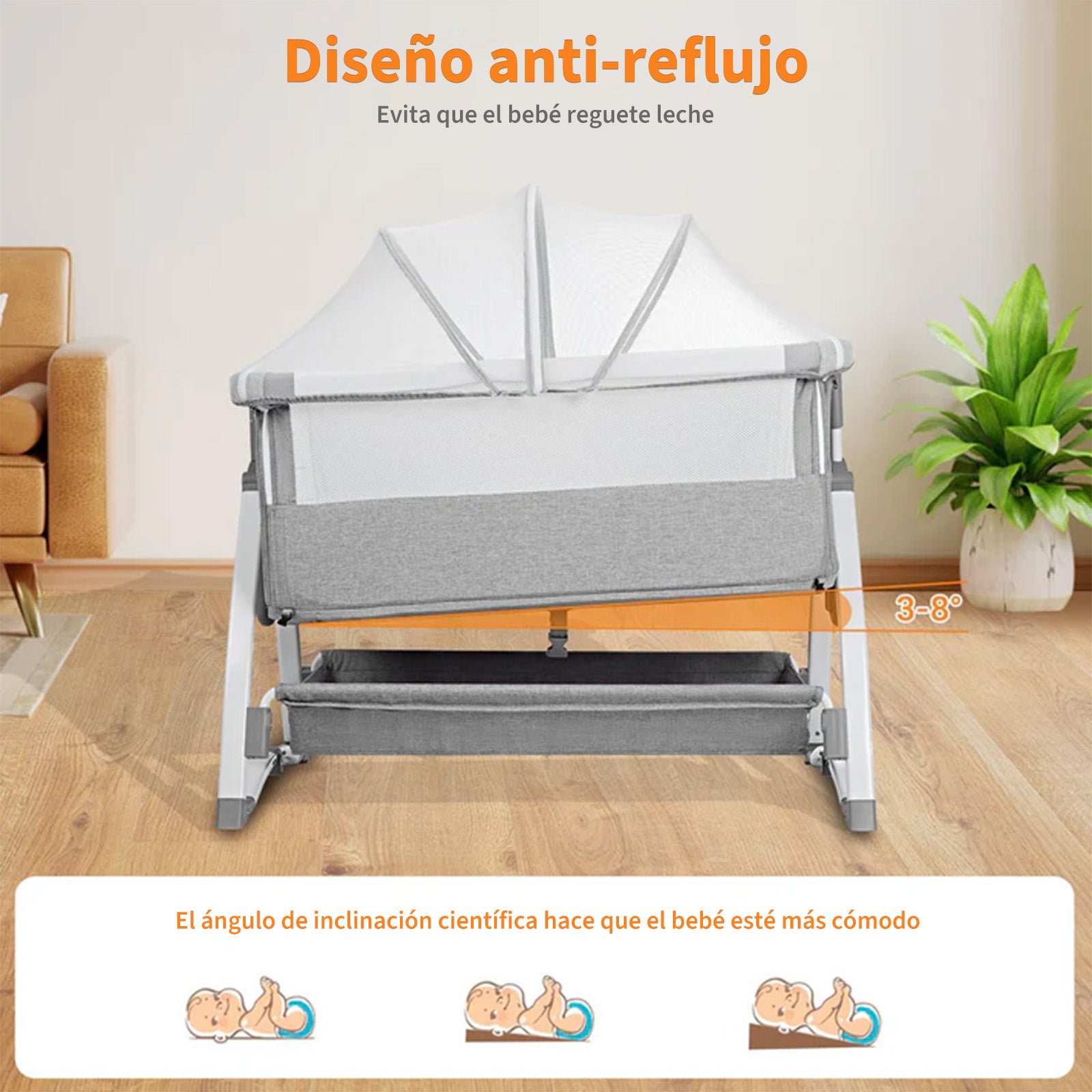 Garvee Cuna Colecho Bebé T-706 4en1 Altura Ajustable Ruedas Colchón Cómodo Plegable Gris EU