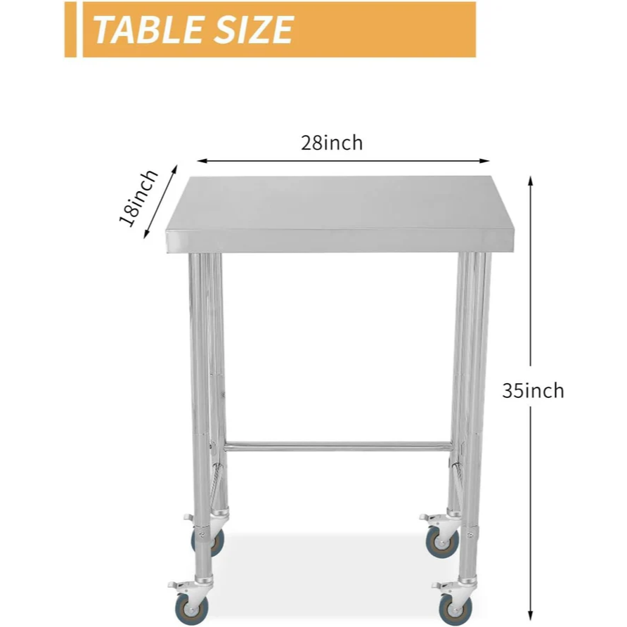 Garvee Mesa de Trabajo de Acero Inoxidable 46×71 cm con Patas Ajustables y Ruedas con Freno para Cocina y Taller Capacidad 136 kg Base Abierta