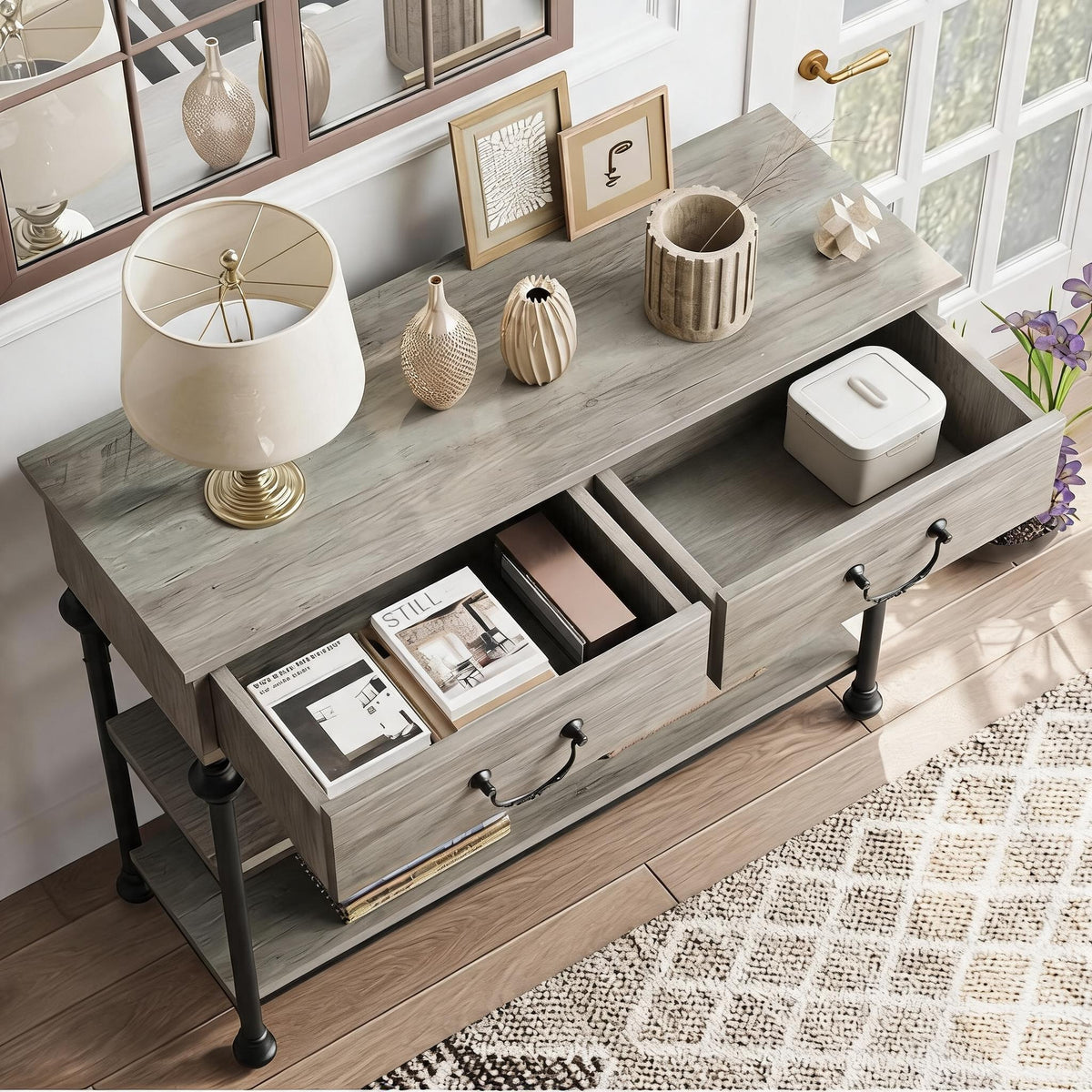 Garvee Mesa Consola Estrecha con 2 Cajones y Estantes, para Pasillos y Salas, Estilo Industrial Moderno, MDF y Tablero de Partículas, Gris Rústico, 100×30×80 cm