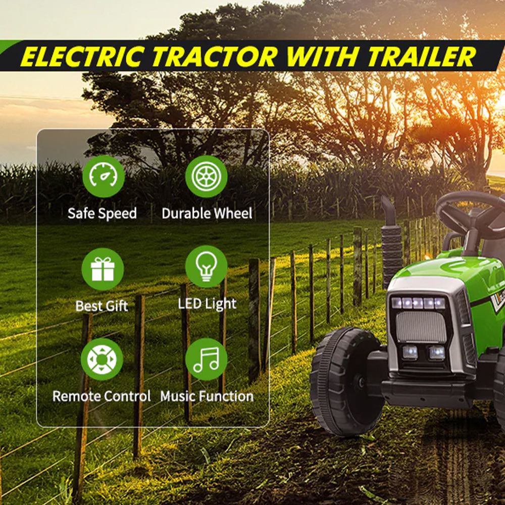 Garvee Tractor Eléctrico 12V, 2 Modos De Conducción, Mando A Distancia, 3 Velocidades, Remolque, Luces LED, Bluetooth, Música USB, 3-7 años, Jardín, Verde