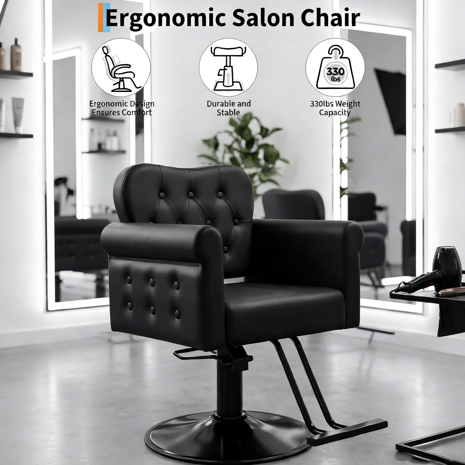 Garvee Silla De Peluquería Para Estilistas Cuero PU Elevación Hidráulica Giro 360° Base Metálica Redonda Resistente 150 Kg Salones Spas