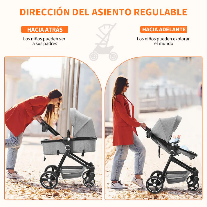 Carrito bebe ajustable ambos lados respaldo reclinable frente paisaje interacción padre hijo