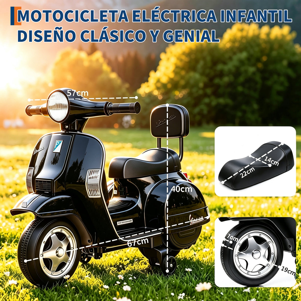 Garvee Moto Eléctrica Infantil Estilo Clásico Vespa 6V 4.5Ah con 3 Ruedas Seguras Faro LED y Música Scooter para Niños Negro