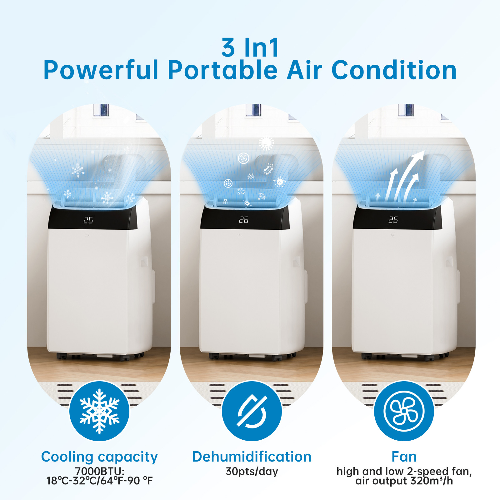 Garvee Aire Acondicionado Portátil 10000 BTU - Climatizador Móvil 3 en 1 Silencioso 52 dB para Casa y Oficina, Cobertura 37-46 m², Incluye Kit de Ventana
