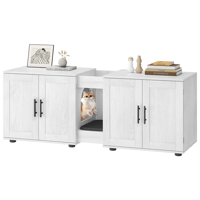 Garvee Mueble Arenero Doble para Gatos | Madera Blanca 140x45x57 cm | Banco Multifuncional Decorativo para el Hogar