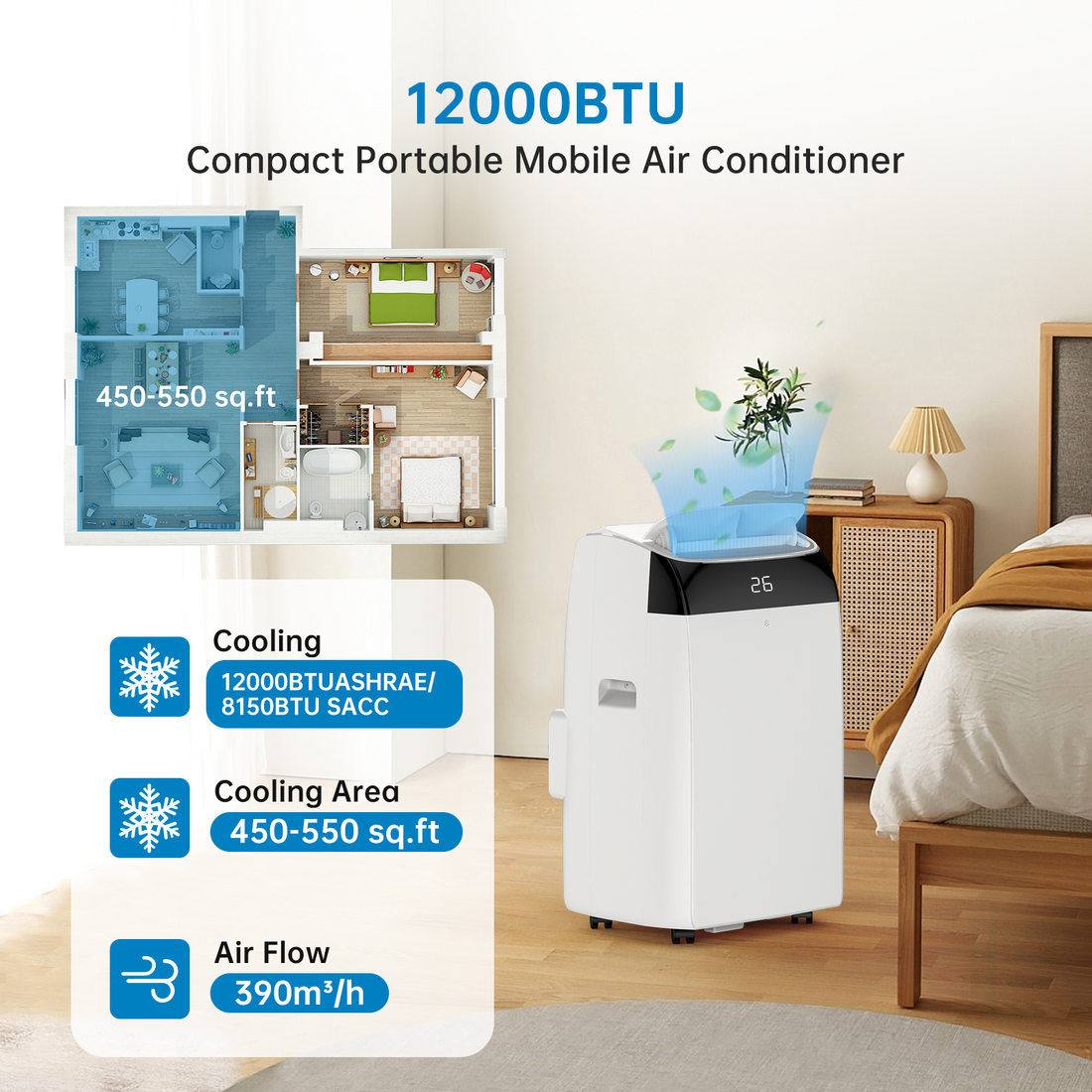Garvee Aire Acondicionado Móvil 12000 BTU Silencioso R290 4 en 1 Hogar y Oficina Kit Ventana