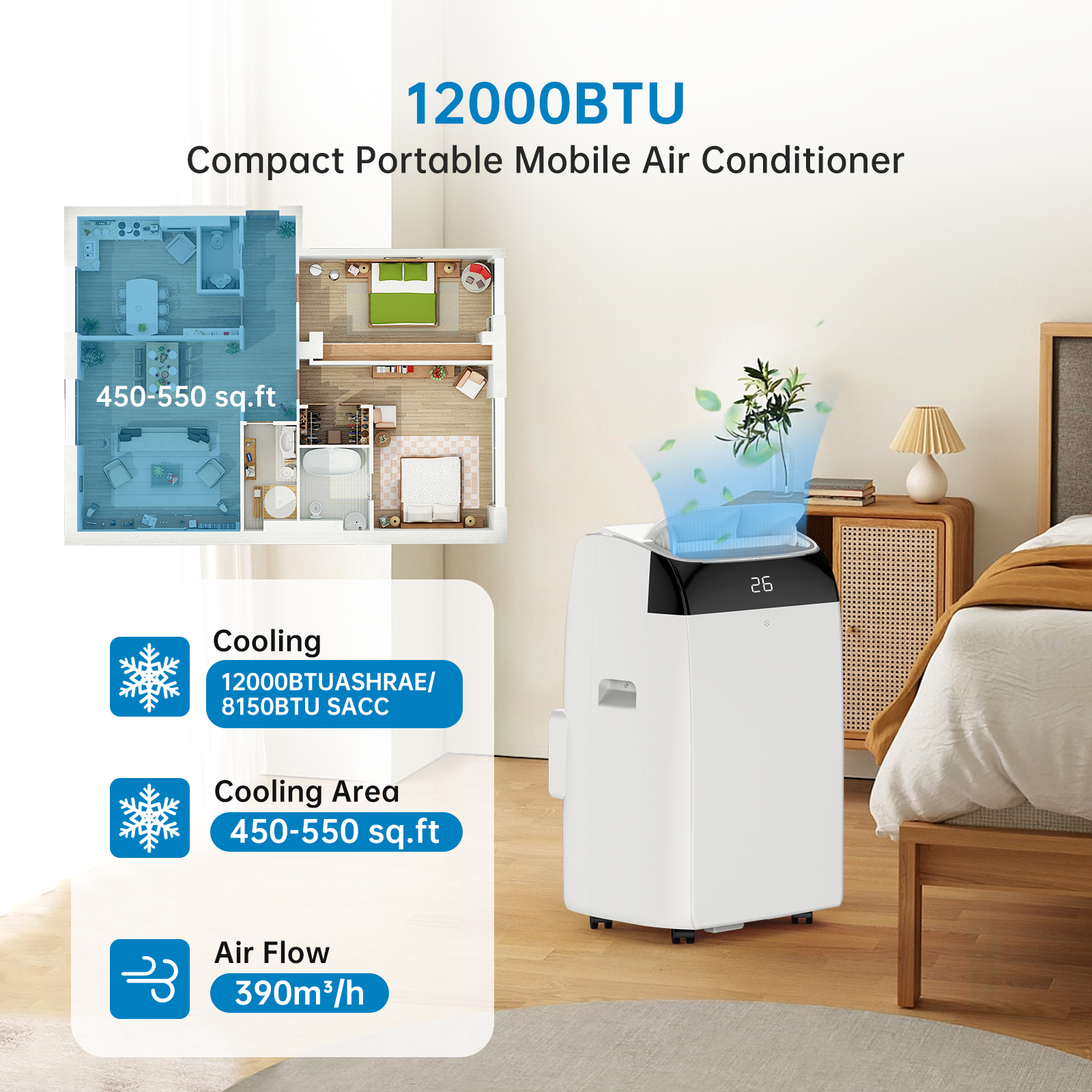 Garvee Aire Acondicionado Portátil 10000 BTU - Climatizador Móvil 3 en 1 Silencioso 52 dB para Casa y Oficina, Cobertura 37-46 m², Incluye Kit de Ventana