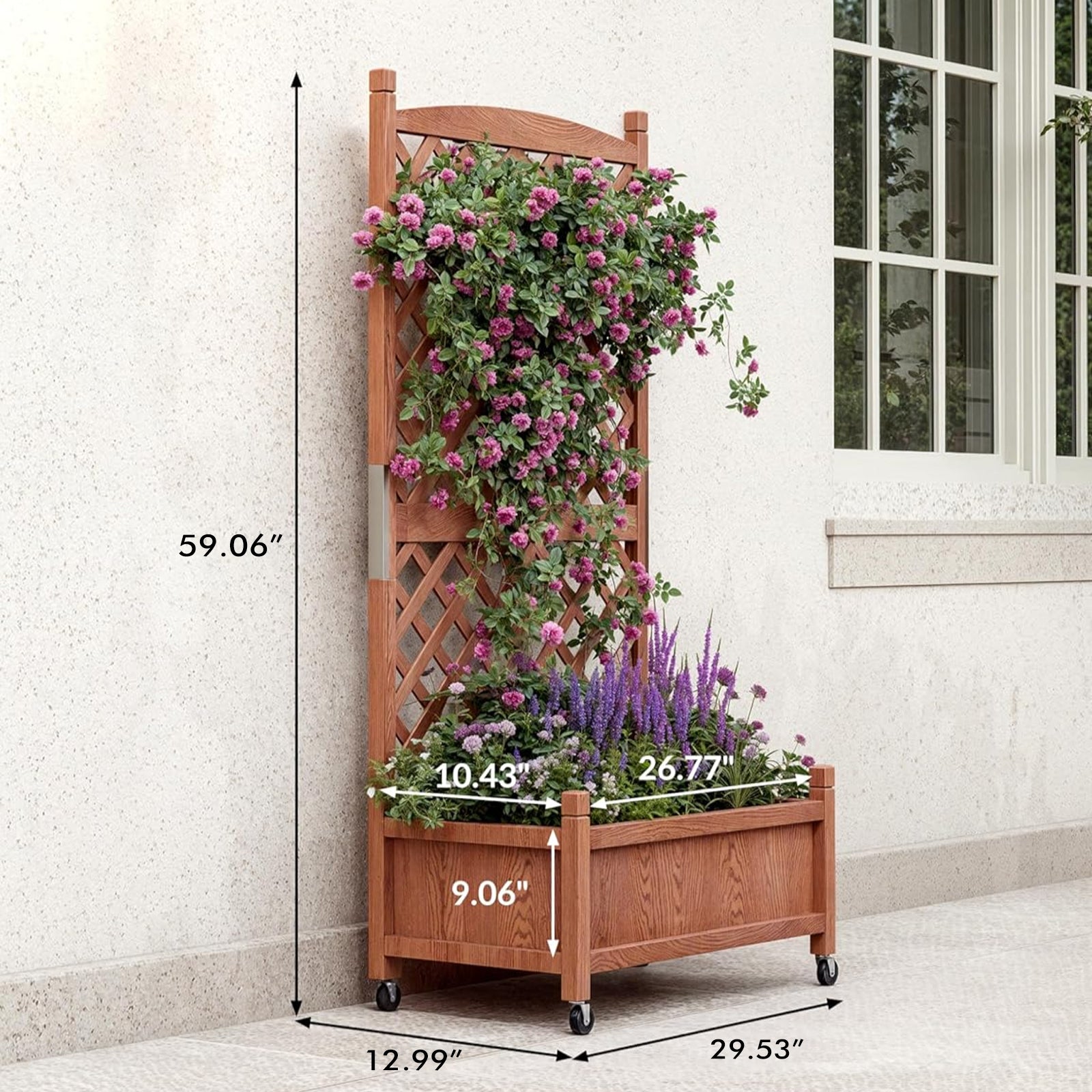 Garvee Jardinera de Madera Con Enrejado y Ruedas Para Patio y Jardín 75x33x150 Cm Café