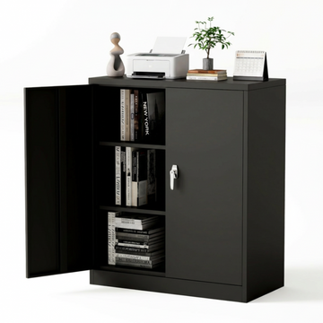 Garvee Armario Metálico Bajo de Almacenamiento de Acero Laminado en Frío con Cerradura y 2 Estantes Ajustables 90x80x40 cm Negro
