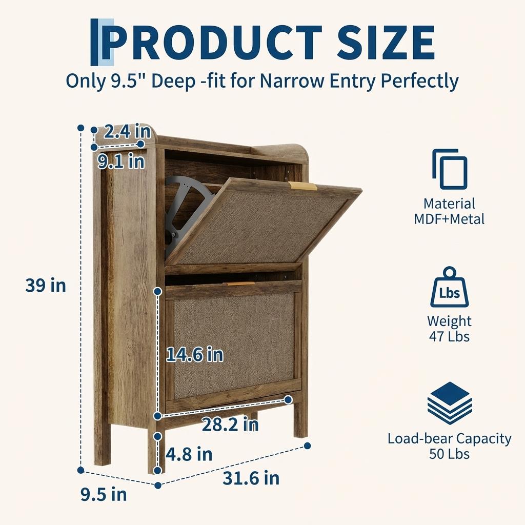 Garvee Zapatero de Ratán con 2 Cajones Abatibles Mueble Organizador de Zapatos MDF Estilo Rústico para Entrada 81 cm Madera