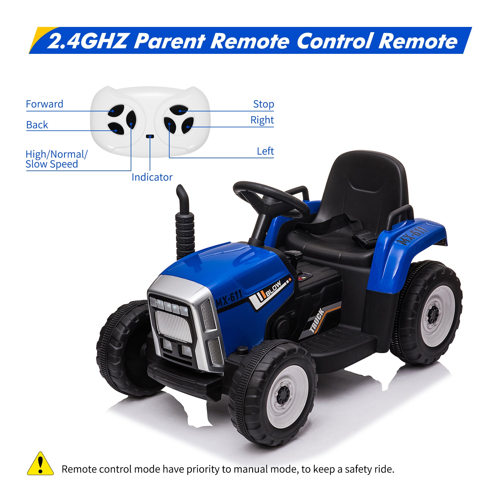 Garvee Tractor Eléctrico 12V, 3 Velocidades, Remolque, Luces LED, Bluetooth, Control Remoto 2.4G, 3-7 años, Jardín, Azul