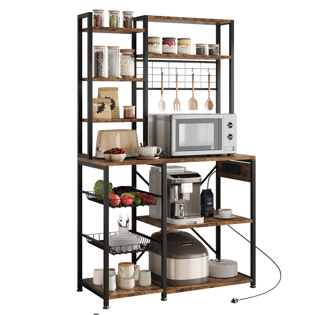Garvee Estante Panadero Enchufe 7 Niveles Cesta Alambre Soporte Microondas MDF Acero Vintage 90x40x178cm
