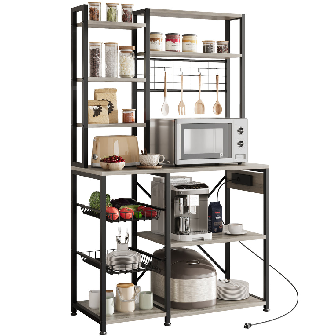 Garvee Estante para Panadería con Enchufe, 7 Niveles, Metal y Madera, Gris, Cocina y Café, 90×40×178 cm