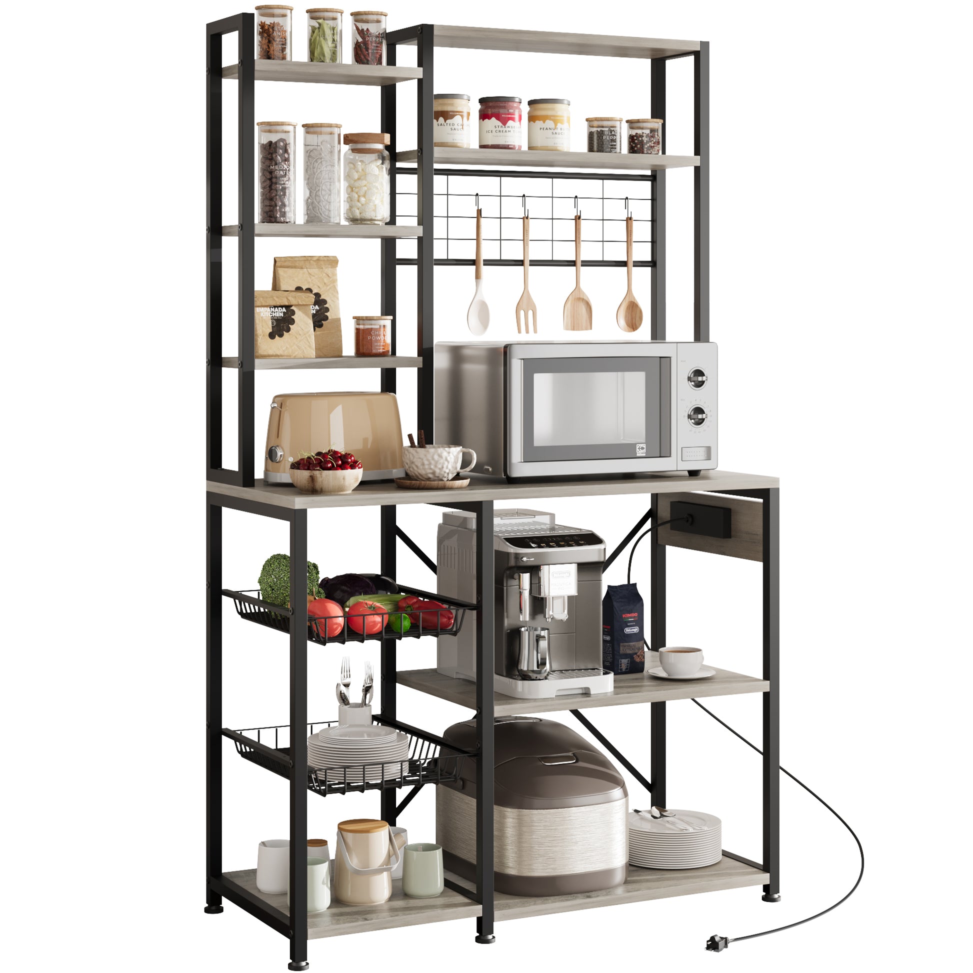 Garvee Estante para Panadería con Enchufe, 7 Niveles, Metal y Madera, Gris, Cocina y Café, 90×40×178 cm