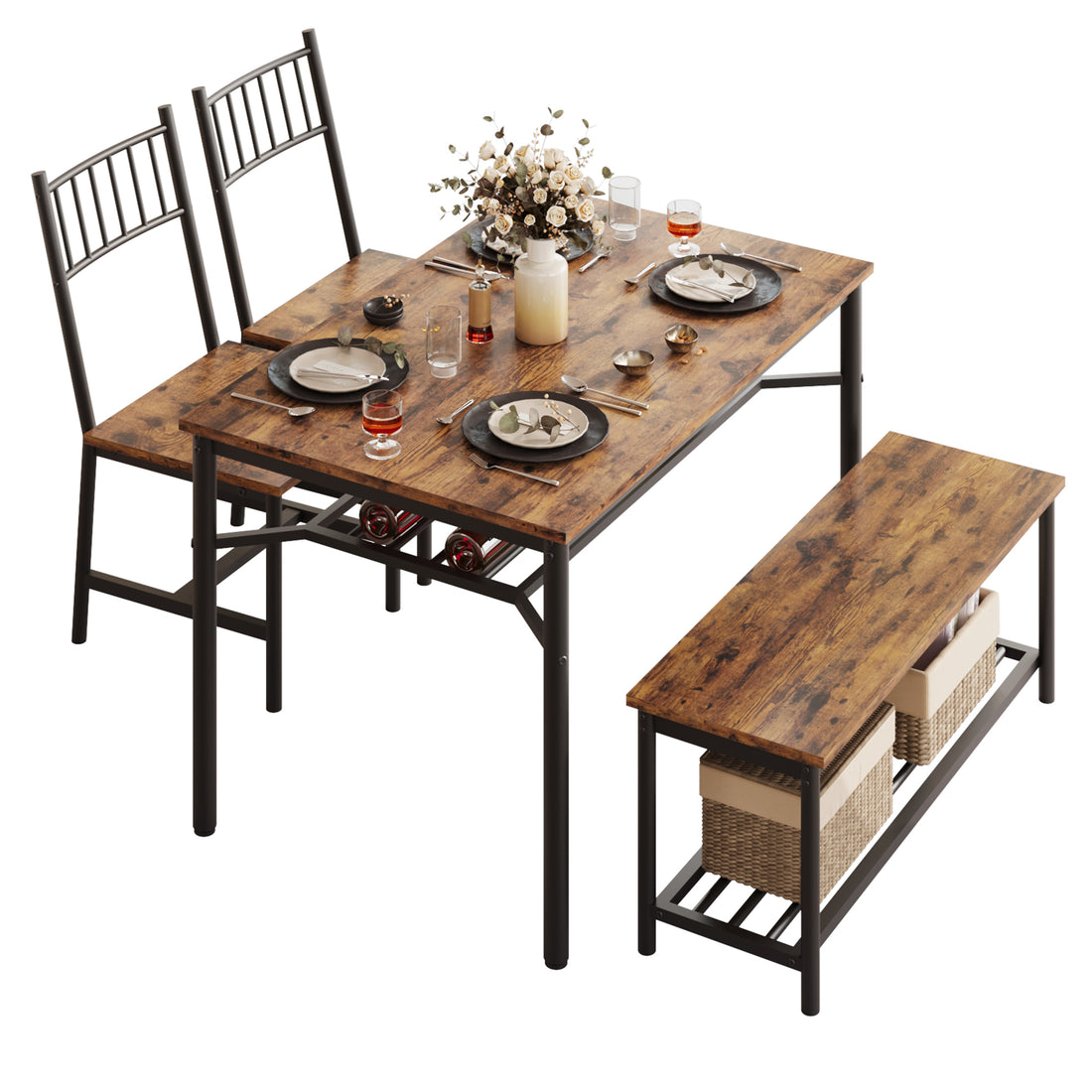 Garvee Juego De Comedor Para 4 Personas Con Banco Y 2 Sillas, Almacenamiento Integrado, Ideal Para Apartamentos, MDF Y Metal, Diseño Ahorra Espacio Vintage