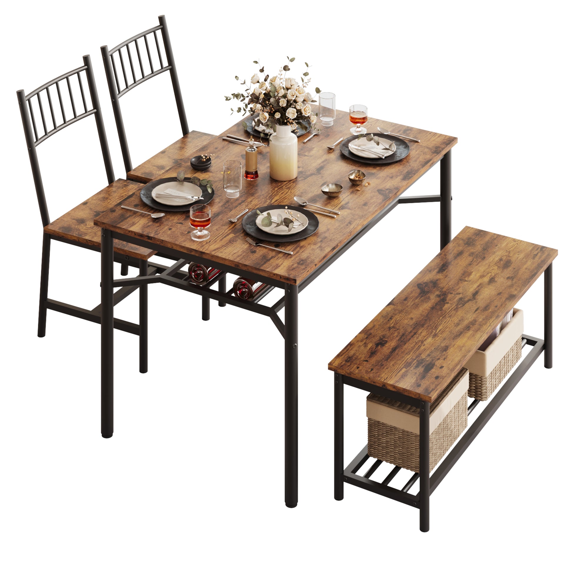 Garvee Juego De Comedor Para 4 Personas Con Banco Y 2 Sillas, Almacenamiento Integrado, Ideal Para Apartamentos, MDF Y Metal, Diseño Ahorra Espacio Vintage