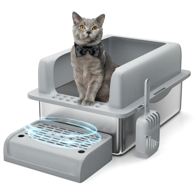 Garvee Caja de Arena para Gatos 20CM Acero Inoxidable con Plataforma y Tapa Removible, Antideslizante, Plástico PP, Incluye Pala, Ideal para Gatos Grandes, 60×41×35 cm