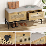 Garvee Banco De Zapatos De Ratán Con Cojín De Lino, Almacenamiento Con Gabinete Para Entrada Y Dormitorio, 39.3in, Madera Natural