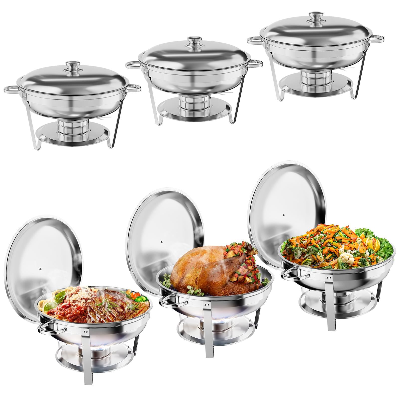 Garvee Calentador de Buffet Profesional Set de 6 Piezas, Acero Inoxidable, 4.7L, con Soporte de Tapa y Utensilios, Plata, para Bodas y Fiestas