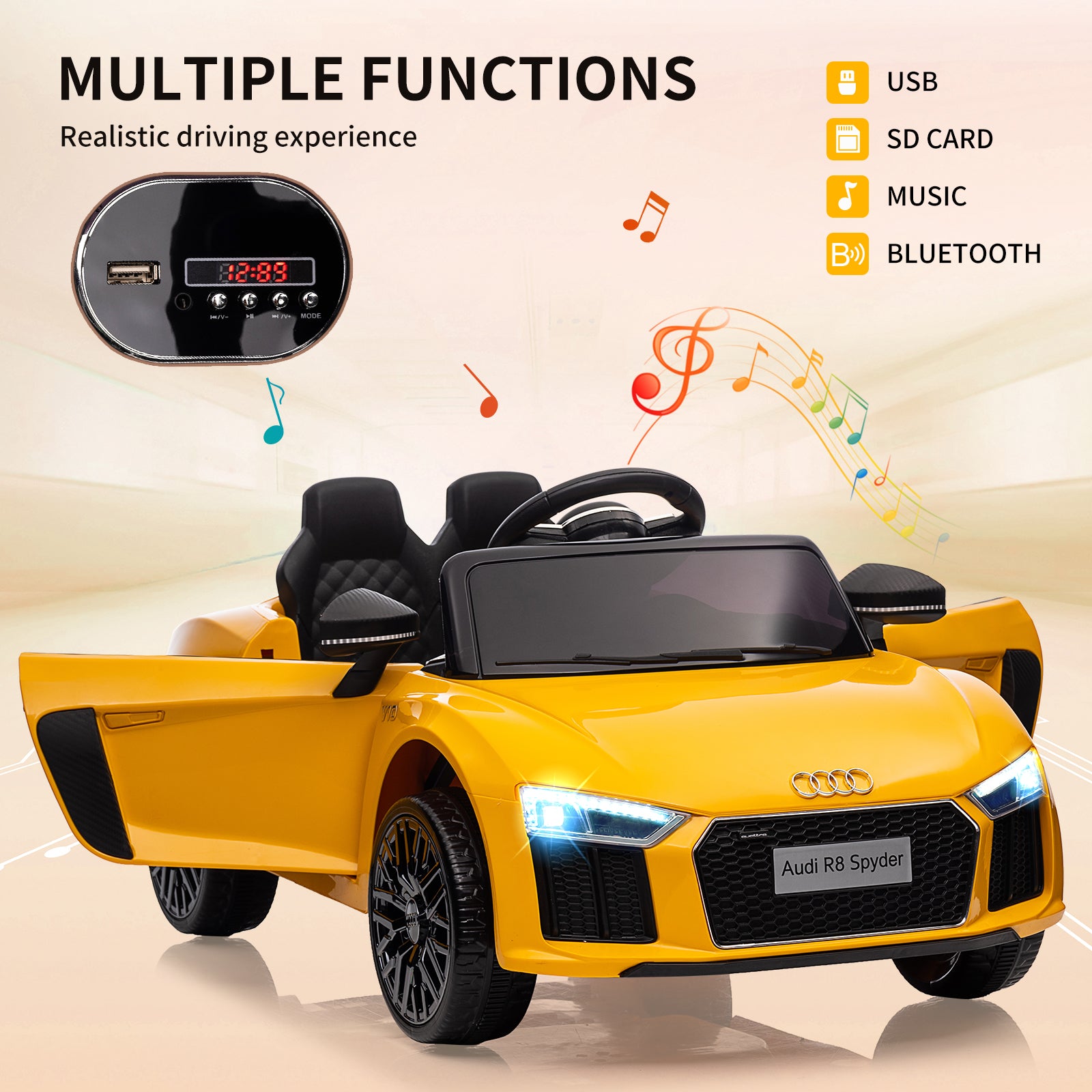 Garvee Vehículo Eléctrico 12V Audi, Control Remoto 2.4G, Luces LED, Batería, Seguro y Elegante, 2 Puertas, 3-6 años, Interior y Exterior, Amarillo