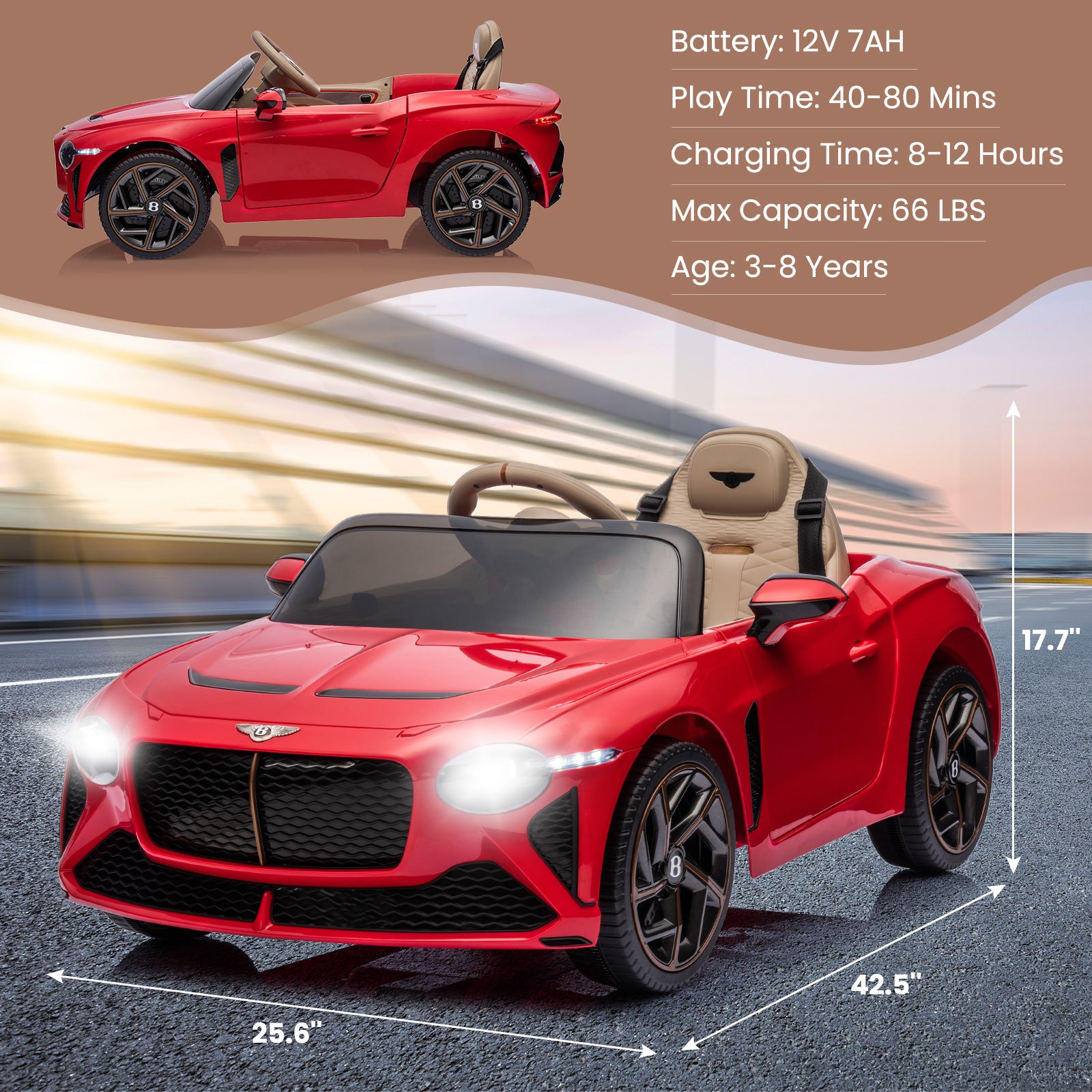 Garvee Coche Eléctrico 12V Bacalar, Mando Parental Y Luces LED, 3-6 años, Exterior, Rojo