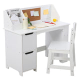 Garvee Set de Escritorio y Silla Infantil Blanco con Estantería Tablero de Corcho Gabinetes MDF Seguro Gran Almacenaje Fácil Montaje para Niños 3-8 Años - Blanco