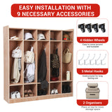 Garvee Locker de Aula de Madera de 5 Secciones con 10 Cubículos, 5 Ganchos, 2 Cajas de Almacenaje para Escuela o Hogar, 137×33×122 cm, Natural